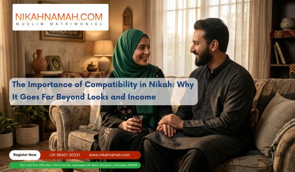 Muslim couple sitting together discussing compatibility in nikah for a successful marriage relationship