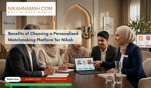 Muslim family in a luxurious modern setting consulting with a professional relationship manager, reviewing curated matrimony profiles on a tablet, highlighting personalized matchmaking and family-guided Nikah process in a warm, elegant environment.
