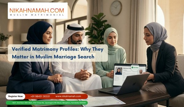 Muslim family reviewing verified matrimony profiles with consultant for secure marriage matchmaking