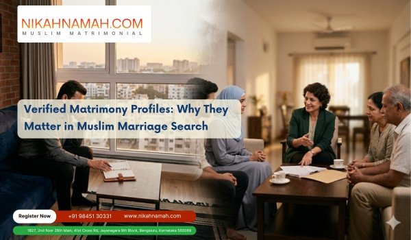 Muslim families meeting with matrimony consultant discussing verified profiles for marriage matchmaking