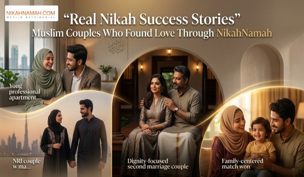 Luxurious scene of diverse Muslim couples and families celebrating real Nikah success stories through a trusted matrimony platform, showing emotional connection, halal matchmaking, and relationship guidance in elegant modern settings