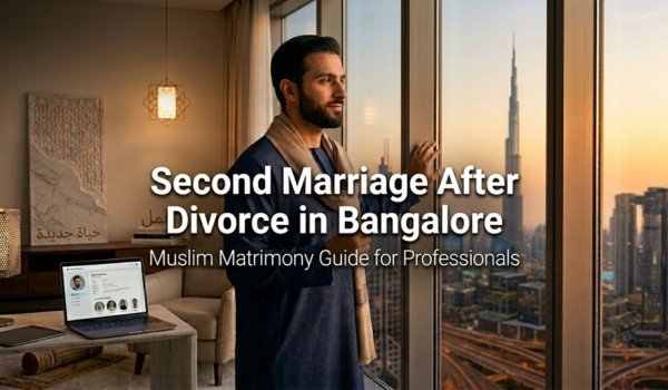 Muslim man looking outside window reflecting on second marriage after divorce in Bangalore matrimony guide