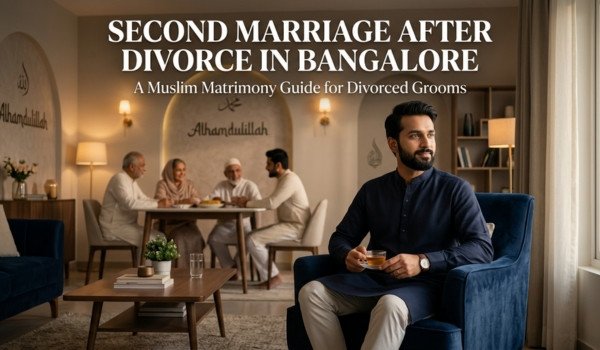 Second marriage after divorce in Bangalore Muslim groom sitting in living room with family background matrimony concept