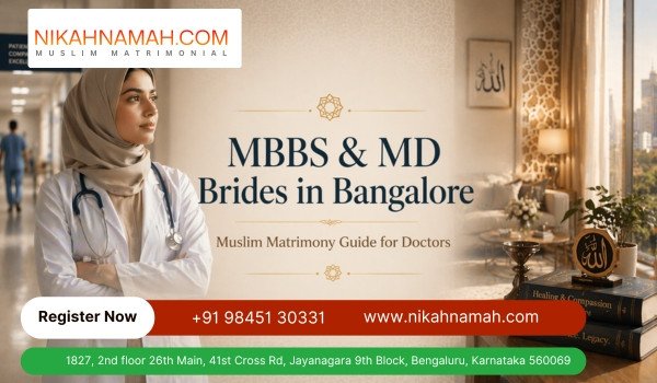 Muslim woman doctor in hijab (MBBS & MD) standing in a hospital, representing brides in Bangalore for Muslim matrimony guide for doctors