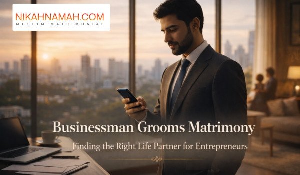 Muslim businessman in modern office reviewing phone with Bangalore skyline at sunset, representing career and matrimony balance