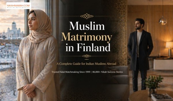 Muslim matrimony Finland scene with Indian couple in modern Nordic home and snowy Helsinki background