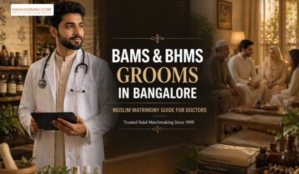 BAMS and BHMS Muslim doctor groom in Ayurveda clinic with family matrimony discussion background