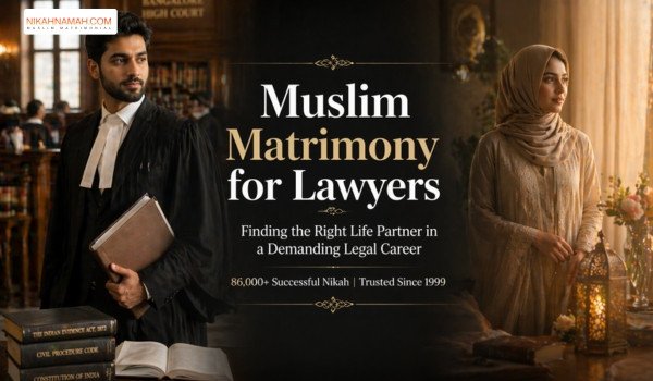 Muslim lawyer groom in courtroom with matrimonial theme and modest woman in warm setting