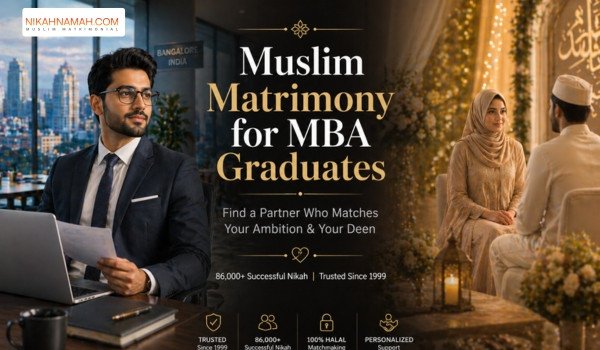 Muslim MBA professional in corporate office with matrimonial meeting background representing career and marriage balance