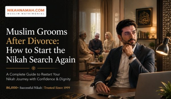 Divorced Muslim groom sitting thoughtfully with second Nikah family meeting background