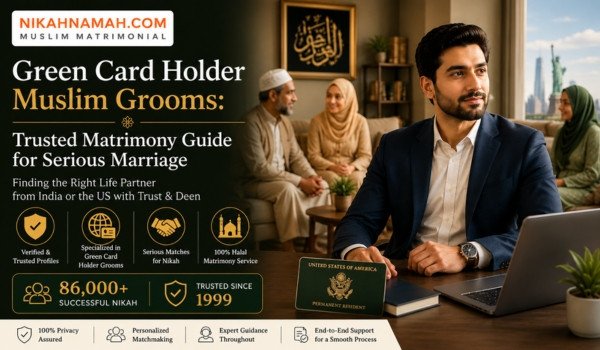 Green Card holder Muslim groom in professional office setting with halal matrimony discussion