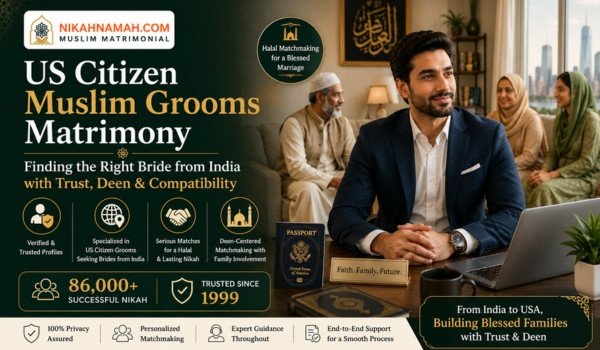 US citizen Muslim groom in modern office with Indian family matrimony discussion scene