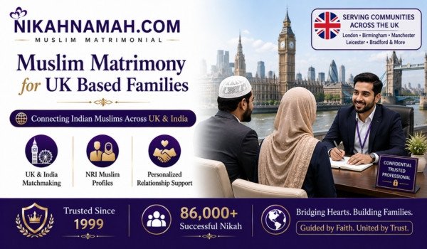 Muslim matrimony services for UK based Indian Muslim families connecting brides and grooms across London Birmingham Manchester Leicester and India through personalized matchmaking support