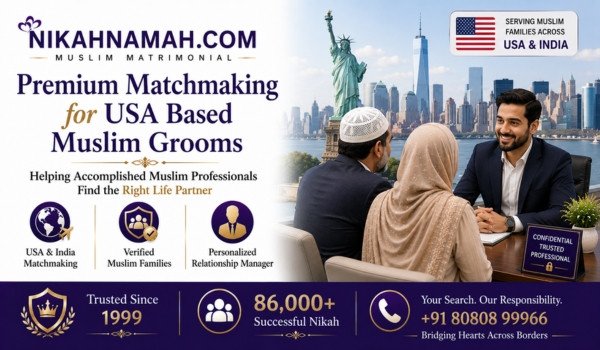 Premium matchmaking services for USA based Muslim grooms connecting accomplished Muslim professionals with verified families through personalized India and USA matrimony support