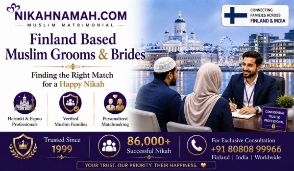 Finland based Muslim grooms and brides matrimony services connecting Indian Muslim families with verified profiles and personalized matchmaking support across Helsinki Espoo Tampere and India