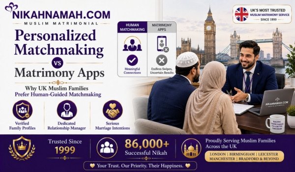 Personalized Muslim matchmaking versus matrimony apps for UK Muslim families featuring verified profiles dedicated relationship managers and serious marriage-focused introductions across London Birmingham Leicester Manchester and the UK