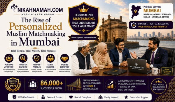 Personalized Muslim matchmaking services in Mumbai offering verified Muslim profiles, curated marriage matches, dedicated relationship managers, family-focused guidance, and trusted Nikah support for Muslim families across Bandra, Andheri, Goregaon, Malad, Mumbra, and Mumbai.