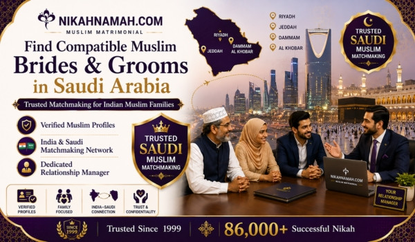 Find compatible Muslim brides and grooms in Saudi Arabia through trusted Indian Muslim matchmaking services featuring verified profiles, personalized relationship managers, and family-focused Nikah guidance for Muslims living in Riyadh, Jeddah, Dammam, Al Khobar, and across Saudi Arabia.