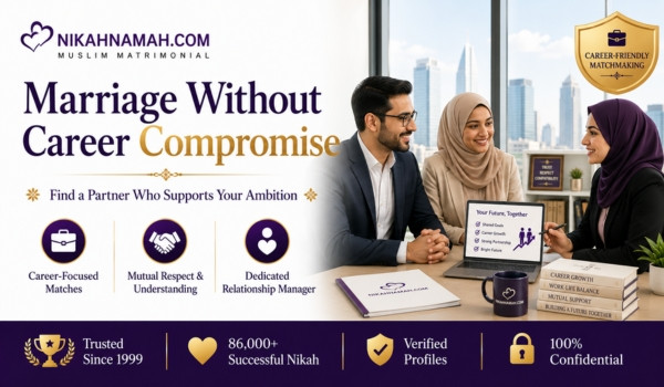 Career-focused Muslim professionals finding compatible marriage partners through premium matchmaking, mutual respect, dedicated relationship managers, and trusted Nikah services that support career goals without compromise for ambitious Muslim brides and grooms.