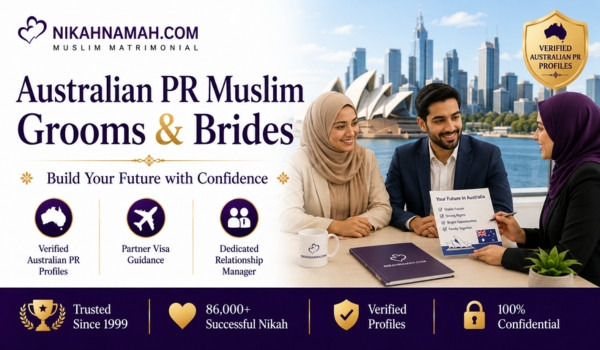 Australian PR Muslim grooms and brides finding trusted marriage partners through verified permanent residency profiles, partner visa guidance, dedicated relationship managers, and premium Nikah matchmaking for Muslim families across Sydney, Melbourne, Perth, Brisbane, and Australia.