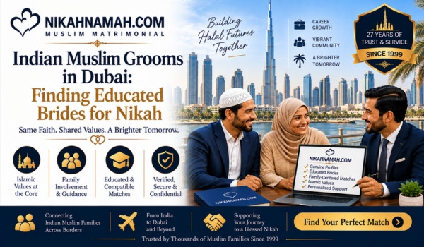 Indian Muslim grooms in Dubai finding educated brides for Nikah through trusted, family-focused matchmaking with shared Islamic values and compatible profiles.