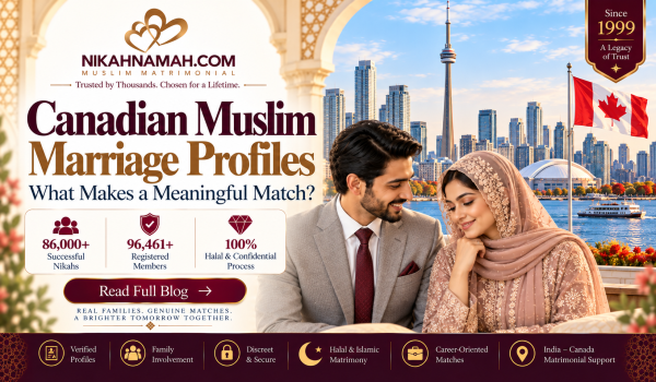 Canadian Muslim marriage profiles highlighting meaningful matches through shared Islamic values, verified matrimonial profiles, family involvement, privacy, halal matchmaking, and India–Canada marriage support.