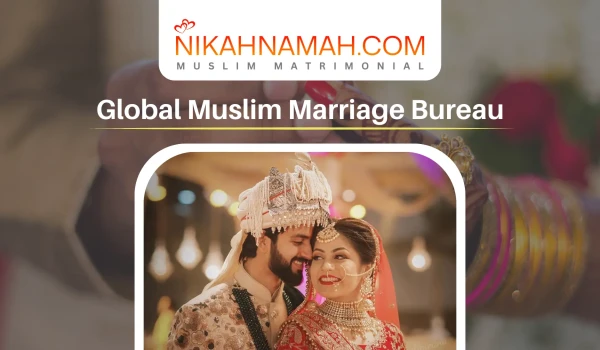 A beautifully designed banner for Nikahnamah.com, a global Muslim marriage bureau based in Bangalore, Karnataka, featuring a happy Muslim couple dressed in traditional wedding attire with a warm and festive background showing Personalized and desired muslim partner can be found on Nikahnamah for all muslims globally.