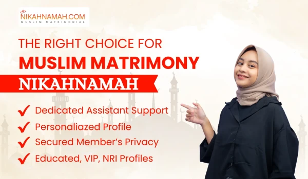 A smiling Muslim woman wearing a hijab points towards the text promoting "Nikahnamah," a Muslim matrimony service. The ad highlights features such as dedicated assistant support, personalized profiles, secured member privacy, and VIP, NRI, and educated profiles. The background includes mosque silhouettes, reinforcing the Islamic theme.