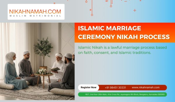 Islamic marriage ceremony Nikah process with bride, groom, Qazi, and witnesses