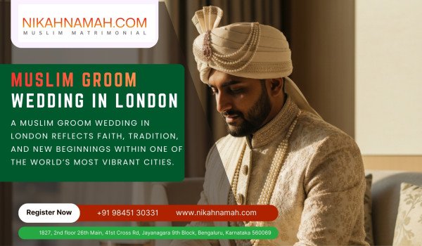 Muslim groom in traditional wedding attire preparing for a nikah ceremony in London