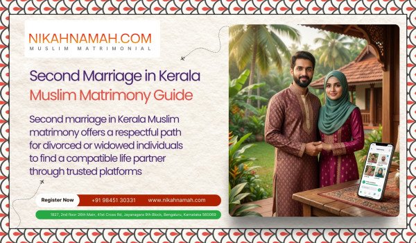 Second marriage in Kerala Muslim matrimony guide by Nikahnamah showing a Muslim couple and matrimonial platform for divorced or widowed individuals seeking a compatible life partner.