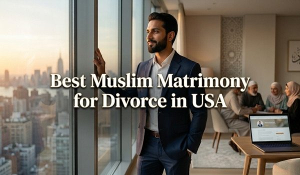 Muslim professional man in USA exploring matrimony options after divorce with family consultation in background