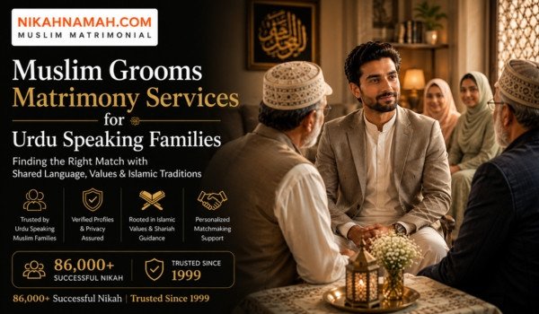 Muslim grooms matrimony service for Urdu speaking families with traditional family meeting scene