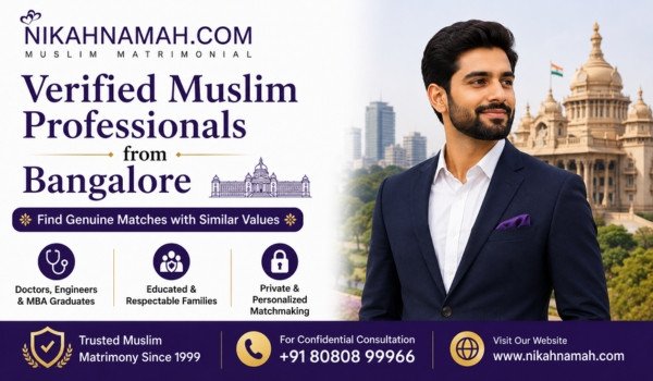 Verified Muslim professionals from Bangalore including doctors engineers and MBA graduates seeking genuine Muslim matrimony matches with educated families and personalized matchmaking support