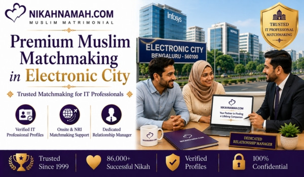 Premium Muslim matchmaking in Electronic City, Bengaluru for IT professionals featuring verified profiles, onsite and NRI matchmaking support, dedicated relationship managers, and trusted Muslim matrimonial services for professionals working at major technology companies.