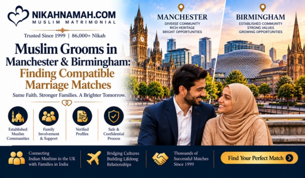 Muslim grooms in Manchester and Birmingham finding compatible marriage matches through trusted, family-focused matchmaking, shared Islamic values, verified profiles, and UK-India connections.