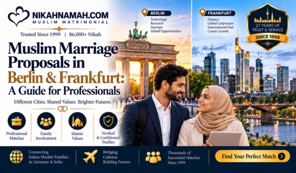Muslim marriage proposals in Berlin and Frankfurt connecting Indian Muslim professionals with compatible families through shared Islamic values, professional compatibility, verified profiles, and trusted Germany-India matchmaking.