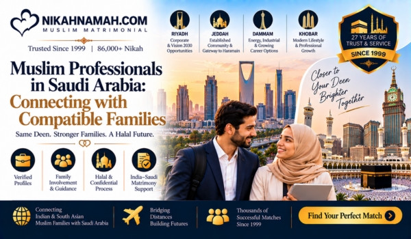 Muslim professionals in Saudi Arabia connecting with compatible families through verified profiles, family guidance, halal matchmaking, and India–Saudi matrimony support across Riyadh, Jeddah, Dammam, and Khobar.