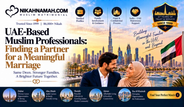 UAE-based Muslim professionals seeking meaningful marriage, connecting families through verified profiles, family guidance, halal matchmaking, and India–UAE matrimonial support.