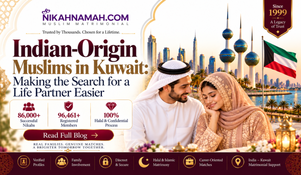Indian-origin Muslims in Kuwait seeking a life partner through NikahNamah’s personalized Muslim matrimonial services, featuring verified profiles, family involvement, halal matchmaking, privacy, and India–Kuwait marriage support, with Kuwait Towers in the background.