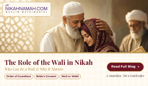 A father in a white kufi and cream waistcoat rests his hand on his daughter's head in blessing as she leans on him in a maroon and gold hijab on her Nikah day, with a Qazi holding a nikahnama in the background, illustrating the role of the wali in Nikah as a caring guardian, in NikahNamah's guide.